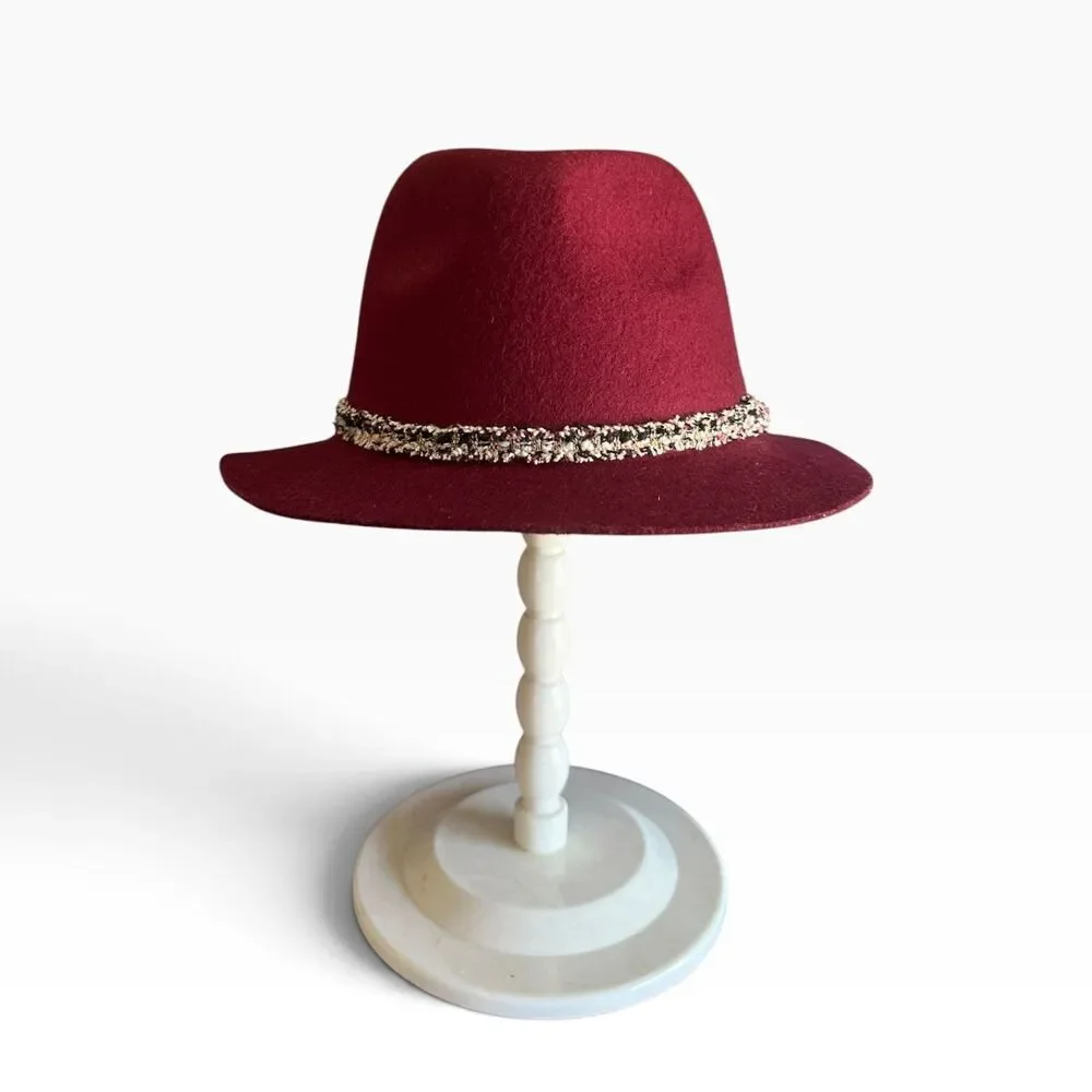 Burgundy Wool Fedora Hat Women's Tweed Band Hipster Autumn Western Boho